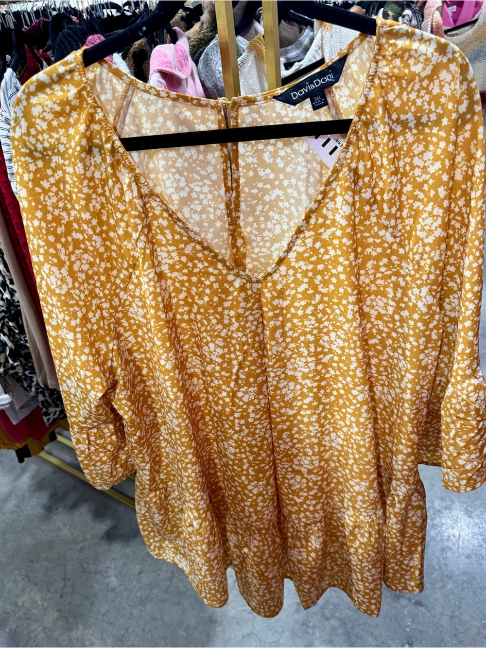 DAVI & DANI Mustard Yellow Floral V-Neck Tunic
